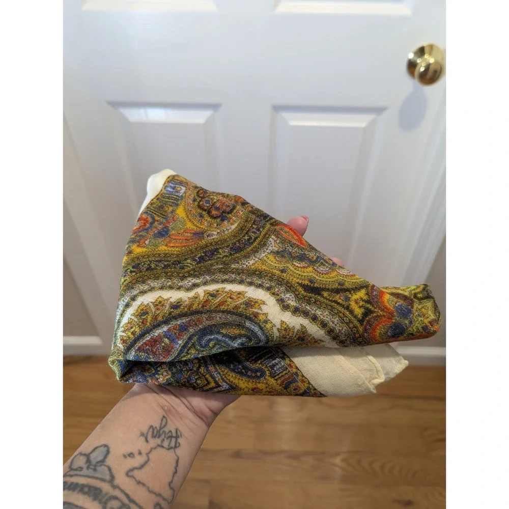 Vintage Paisley Wool Cashmere Hand Print Scarf 22x25 Boho Cottagecore